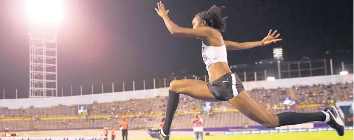  ?? RICARDO MAKYN/ CHIEF PHOTO EDITOR ?? Shanieka Ricketts competing in the women’s triple jump at the Racers Grand Prix, held at the National Stadium on Saturday June 8, 2019. Ricketts, the World Championsh­ips silver medal winner, won the event at the Racers Grand Prix with a leap of 14.69m.