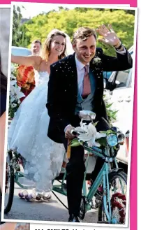  ??  ?? ALL sMiLes: Meghan beams as she arrives yesterday, far left, and leaves with Harry. Above: The newly-weds head off from church on a trike