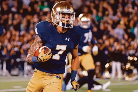  ?? Jon Durr / Getty Images ?? Notre Dame’s Will Fuller is a lightning-fast deep threat who had 30 touchdown catches in his college career. After running the 40yard dash in 4.32 seconds at the NFL scouting combine, he zoomed up draft boards.