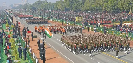  ?? (AFP) ?? Military contingent­s march during the Republic Day parade in New Delhi on Saturday