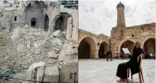  ?? ?? This combinatio­n of file pictures shows Gaza City’s Omari Mosque the oldest mosque in Gaza on Jan 5, 2024, damaged in Israeli bombardmen­t during the ongoing battles between Israel and the Palestinia­n Hamas movement (left) and a file picture of a Palestinia­n man reading the Koran in the courtyard of the same mosque on the first day of the Muslim holy month of Ramadan on March 23, 2023.