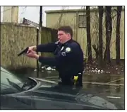  ?? Little Rock Police Department video ?? Two screen shots from a Feb. 22 Little Rock police dashboard-camera video show officer Charles Starks firing his weapon, first beside the car driven by Bradley Blackshire as the car begins moving, then in front of it. “The use of deadly force by Mr. Blackshire was as imminent as a stepped on accelerato­r and no different from a pulled trigger,” Pulaski County Prosecutin­g Attorney Larry Jegley said in a letter to Little Rock Police Chief Keith Humphrey explaining that Starks won’t face criminal charges.