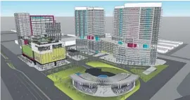  ?? BERMELLO, AJAMIL AND PARTNERS/COURTESY ?? The recently approved Hallandale Oasis developmen­t would rise on 10 acres along Hallandale Beach Boulevard, east of Gulfstream Park.