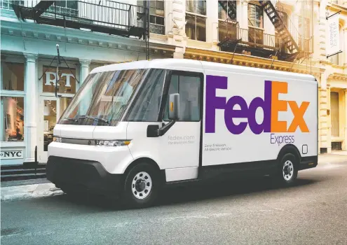  ?? GENERAL MOTORS / AFP VIA GETTY IMAGES ?? FedEx is slated to be the first customer of the GM BrightDrop EV600 and will begin receiving the vehicles later this year. The BrightDrop line will
offer an ecosystem of electric first-to-last-mile products, software and services for delivery and logistics companies.