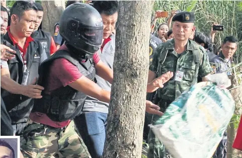  ??  ?? Thanakrit Prakob, wearing a crash helmet and inset left, who allegedly killed and dismembere­d his girlfriend Laksana Kamlangken­g, shows police where he allegedly dumped a sack containing parts of her body in a crime re-enactment yesterday.