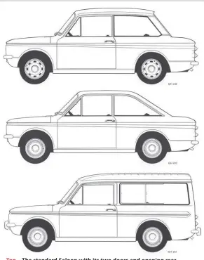  ??  ?? Top – The standard Saloon with its two doors and opening rear window. Middle – The Coupé had a lower roof and more raked windscreen and backlight. Bottom – Estate and basis for the van.