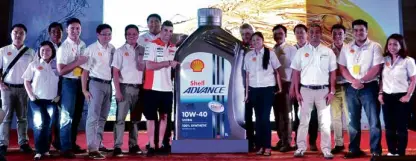  ??  ?? GLOBAL brand manager of Shell Advance Koh Kar Tai (fifth from left), Shell Lubricants marketing manager for the Philippine­s and Thailand Serge Bernal (sixth from left), Shell Advance Global associate brand manager Karlo Tugaff (fourth from right), Shell Lubricants technical leader DJ Javier (sixth from right), Shell Advance brand manager Recca Menchavez (seventh from right), together with MotoGP project director Paolo Ciabatti (eighth from right), Ducati Corse rider Andrea Iannone (eighth from left) and other Shell executives during the recent launch of Shell Advance Ultra with PurePlus technology