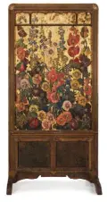  ??  ?? Mary Elizabeth
Price (1877-1965), Hollyhocks and Delphinium Screen, ca. 1925. Oil with gold and silver leaf on Masonite, 72 x 36 x 15 in., signed in a cartouche bottom right: ‘M. ELIZABETH PRICE’. Estimate: $50/80,000 SOLD: $112,500