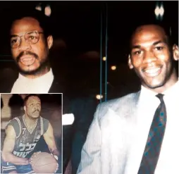  ?? (Courtesy) ?? A YOUNG Gene Banks (left, and inset while playing for Rishon Lezion) poses with Michael Jordan (right) while both were in the NBA with the Chicago Bulls in the mid-1980s.