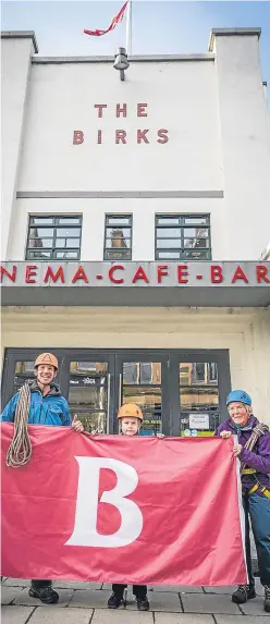  ??  ?? Preparing for the Birks abseil are Biscuit Turner, of Wee Adventures, with fundraiser­s Jack Dimmock, eight and Margaret Jarvis, 83.