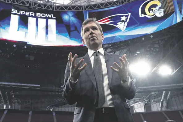  ?? ASSOCIATED PRESS ?? IN THIS JAN. 29, 2019, FILE PHOTO, NFL chief medical officer Dr. Allen Sills gestures while speaking during a health and safety tour at Mercedes-Benz Stadium for the NFL Super Bowl 53 football game in Atlanta.