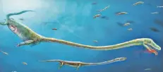  ?? FOTO: DPA ?? Simulation eines Dinocephal­osaurus, einem Artverwand­ten heutiger Vögel, der vor mehr als 200 Millionen Jahren lebte.