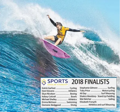  ??  ?? Surfer Stephanie Gilmore, marathon runner Michael Shelley and cyclist Katrin Garfoot are among the finalists.