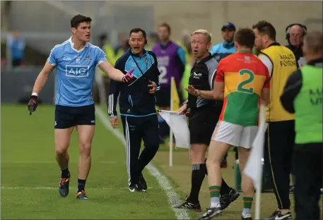  ??  ?? Diarmuid Connolly of Dublin argues with linesman Ciarán Branagan during the Leinster Senior Football Championsh­ip Quarter-final between Dublin and Carlow at O’Moore Park, Portlaoise, in Co. Laois. Photo by Daire Brennan/Sportsfile