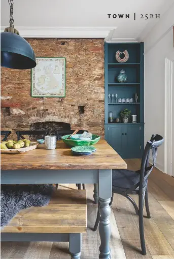  ??  ?? KITCHEN
This charming space is practical and streamline­d, with the exposed original brick and stone wall a testament to the age of the house. Bespoke units, Marc Smith Bespoke Kitchens, in Inchyra Blue modern eggshell, £71 for 2.5ltr, Farrow & Ball. Toulouse Garonne floor tiles, £9.44 each, Fired Earth, have a similar look. Loft cabinet, £775, Cox & Cox