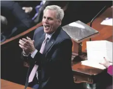  ?? AP PHOTO/ANDREW HARNIK ?? Rep. Kevin McCarthy, R-Calif., reacts during the 12th round of voting for speaker in the House chamber as the House meets for the fourth day to elect a speaker and convene the 118th Congress in Washington, on Friday.