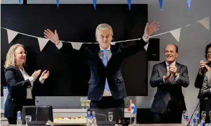  ?? ?? Geert Wilders accepts applause after his party won won 37 seats in the Dutch parliament. Photograph: Hollandse Hoogte/Shuttersto­ck