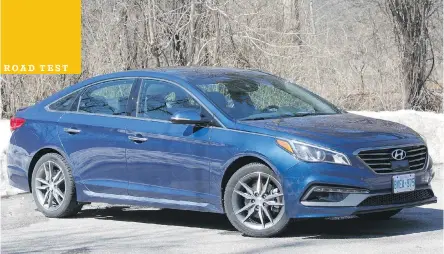  ?? DAVID BOOTH/ DRIVING ?? With its sculpted lines and coupe- like appearance, the 2015 Hyundai Sonata Sport 2.0T Ultimate delivers an attractive package.