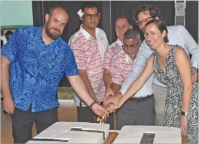  ?? Photo: Waisea Nasokia ?? From left: Fiji Gateway Hotel Director Reardon Raffe, director Venaygam Pillay, CEO Bradley Robinson, project manager Mohammed Hakik, director Brian Kirsch, Director Hannah Raffe during the hotel’s 50th anniversar­y celebratio­n in Nadi yesterday.