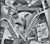  ??  ?? Relativity by MC Escher. Fake news conspiracy theories can make you feel like you’re getting somewhere, but you never really are.