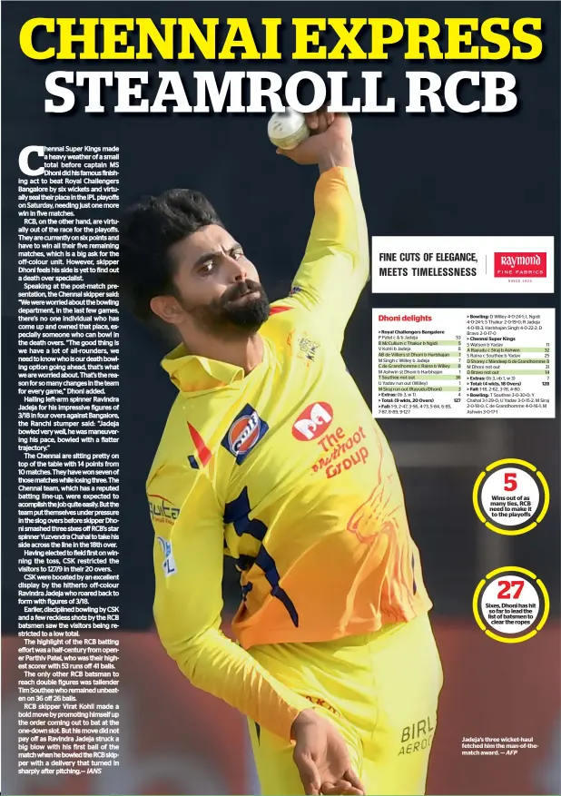  ?? AFP ?? Jadeja’s three wicket-haul fetched him the man-of-thematch award. —