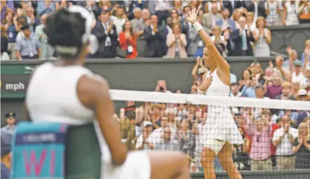  ?? KIRSTY WIGGLESWOR­TH/THE ASSOCIATED PRESS DAVID RAMOS/POOL PHOTO VIA AP ?? TOP: Spain’s Garbine Muguruza holds the trophy after defeating Venus Williams at Wimbledon. ABOVE: Muguruza celebrates Saturday after defeating Williams in London.