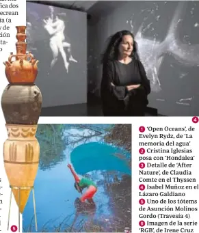  ??  ?? ‘Open Oceans’, de Evelyn Rydz, de ‘La memoria del agua’
Cristina Iglesias posa con ‘Hondalea’
Detalle de ‘After Nature’, de Claudia Comte en el Thyssen
Isabel Muñoz en el Lázaro Galdiano
Uno de los tótems de Asunción Molinos Gordo (Travesía 4)
Imagen de la serie ‘RGB’, de Irene Cruz