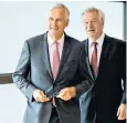  ??  ?? Mr Blobby takes on the Terminator: David Davis, right, with Michel Barnier in 2017