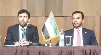  ?? Yonhap ?? The United Arab Emirates (UAE) Minister of Energy Suhail Mohamed Faraj Al Mazrouei, left, and UAE Ambassador to Korea Abdulla Saif Alnuaimi speak at a press briefing at the Hotel Shilla in Seoul on July 19.