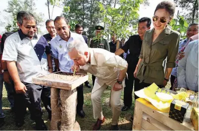  ?? (Gambar atas) ?? SULTAN Perak Sultan Nazrin Muizzuddin Shah berkenan menyedut madu kelulut segar pada Majlis Perasmian Perak Agrotouris­m Resort (PATRO) di Tanjung Tualang, Pasir Salak sambil diperhatik­an Raja Permaisuri Perak Tuanku Zara Salim (kanan). — Gambar Bernama