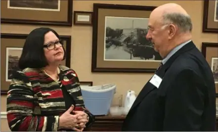  ?? RICHARD PAYERCHIN — THE MORNING JOURNAL ?? Elyria Mayor Holly Brinda, left, stands with Elyria Public Library System board President Gerald Crum after her annual Mayor’s Address on the state of the city on Feb. 19 at Wesleyan Village during a joint meeting of Elyria Rotary and the Lorain County Chamber of Commerce. Crum and library system Director Lyn Crouse were awarded the Key to the City of Elyria for guiding the library’s expansion this year.