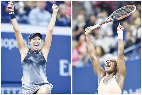  ?? — AFP photo ?? This combinatio­n of two photos taken on September 7, 2017 show US tennis players Madison Keys (L) and Sloane Stephens (R) celebratin­g after winning their 2017 US Open Women’s Singles Semifinals matches at the USTA Billie Jean King National Tennis...