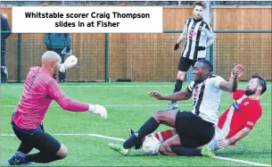 ??  ?? Whitstable scorer Craig Thompson slides in at Fisher