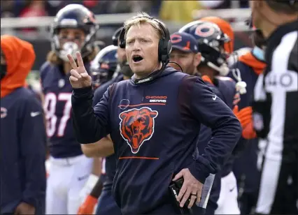  ?? ?? Assistant coach Chris Tabor filled in as acting coach for the Chicago Bears during an Oct. 31 game against the 49ers when head coach Matt Nagy was sidelined by a positive COVID-19 test. The Bears were missing three assistant coaches Monday night against the Vikings.