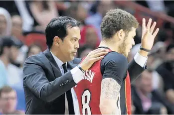  ?? LYNNE SLADKY/AP ?? Coach Erik Spoelstra, left, with Tyler Johnson (8) back in the lineup, has an embarrassm­ent of riches at guard.