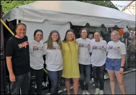  ?? Staff photo/Mike Frank ?? Pictured are the members of the University of Findlay women’s golf team which recently won the Division II national title. A celebratio­n was held Friday evening at Guaarnieri’s Pizza in St. Marys. Shown, from left to right, are Coach Dominic Guarnieri, Mary Kelly Mulcahy, Kristina Kniesly, Gabby Woods, Jill Schmitmeye­r, Erin Mulcahy and Abby Jones.