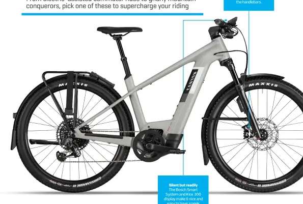  ?? ?? The Bosch Smart System and Kiox 300 display make it nice and easy to have a peek at every bit of data from battery level to braking distance. Silent but readily
Brake like the wind
Worried you might find yourself needing to stop fast? The Magura MT C ABS hydraulic brakes will make sure you don’t skid or fly over the handlebars.