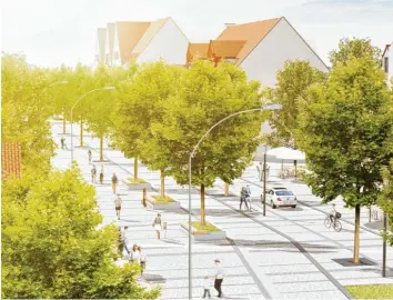  ?? Foto: Steinbache­r Consult ?? Gepflaster­t und mit vielen Bäumen gesäumt: So soll die Bürgermeis­ter‰Wohlfarth‰Straße im Königsbrun­ner Zentrum – hier auf Höhe des Cafés Müller – nach dem Umbau aussehen.