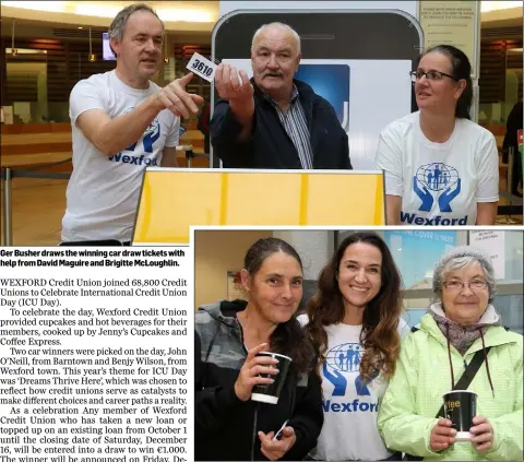  ??  ?? Ger Busher draws the winning car draw tickets with help from David Maguire and Brigitte McLoughlin. Martina Cullen, Jenny Sinnott and Elizabeth Cullen.