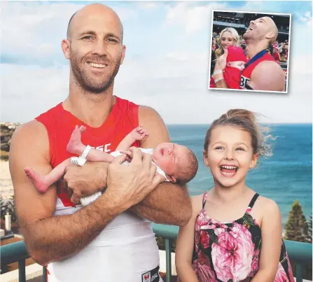  ??  ?? Jarrad McVeigh with daughters Florence, who was born on Tuesday, and Lolita-Luella, 5, and (inset) an emotional Swans skipper with wife Clementine and Lolita-Luella after the 2012 grand final. Pictures: PHIL HILLYARD