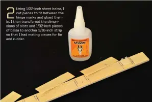  ??  ?? 2 Using 1/32-inch sheet balsa, I cut pieces to fit between the hinge marks and glued them in. I then transferre­d the dimensions of slots and 1/32-inch pieces of balsa to another 3/16-inch strip so that I had mating pieces for fin and rudder.