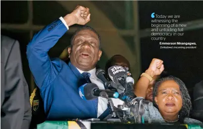  ?? AFP ?? Zimbabwe’s incoming president Emmerson Mnangagwa speaks to supporters flanked by his wife Auxilia in Harare. —