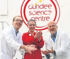  ??  ?? Clockwise from top: scientists from Dundee Science Centre launch the event with an icy blaze of liquid nitrogen; Dr David Foley, student scientist Cara Nicholson and Dr David Wharton; a young visitor discovers more.