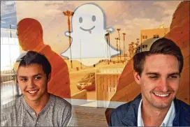  ?? GENARO MOLINA/LOS ANGELES TIMES 2013 ?? Bobby Murphy (left) and Evan Spiegel, co-creators of Snapchat, are seen in 2013 at their company’s offices in Venice, Calif. Despite weaker-than-expected second-quarter earnings, neither man plans to dump Snap shares.