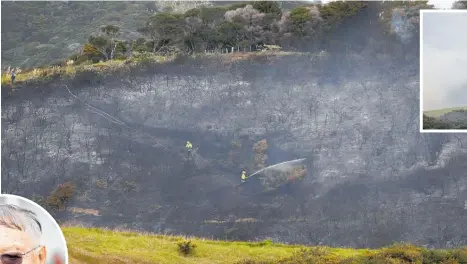  ?? Photos / Michael Cunningham ?? Firefighte­rs were able to bring the blaze under control after a four-hour battle but crews were working late into the afternoon to dampen hotspots. Left: Tutukaka resident Vic Pitman praised the emergency services whose quick actions brought the large vegetation fire under control.