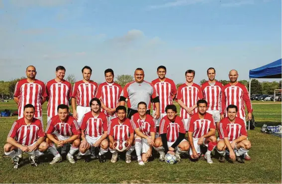  ?? Photos courtesy of Ricardo Magdaleno ?? George Longoria, rear center, spent 30 years working security at sporting events and concerts and playing for the Houston Football Associatio­n’s Albion Red FC team.