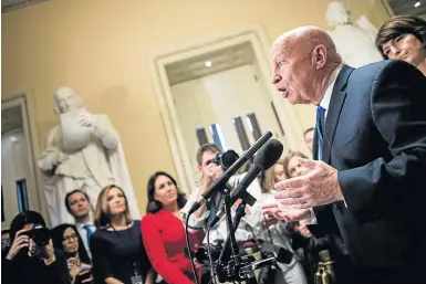  ?? Picture: AFP ?? OVERHAUL: House Ways and Means Committee chairman Representa­tive Kevin Brady speaks to reporters after the House passed tax reform legislatio­n on Capitol Hill on Tuesday in Washington, DC