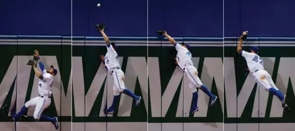  ?? NATHAN DENETTE/THE CANADIAN PRESS ?? Kevin Pillar’s defence, like this catch on a drive by Tampa Bay’s Tim Beckham on Wednesday, has teammate Mark Buehrle joking he should be given a Gold Glove in April.