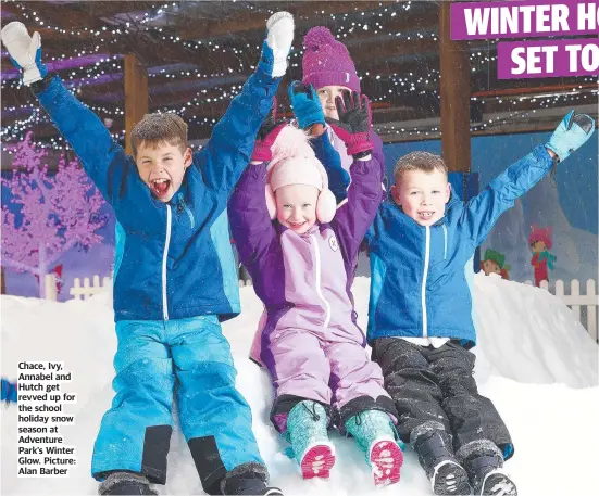  ?? Picture: Alan Barber ?? Chace, Ivy, Annabel and Hutch get revved up for the school holiday snow season at Adventure Park’s Winter Glow.