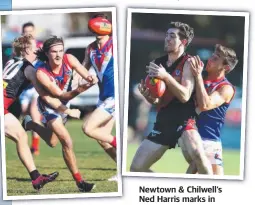  ??  ?? Newtown & Chilwell’s Ned Harris marks in front of South Barwon’s Dylan Starkie.